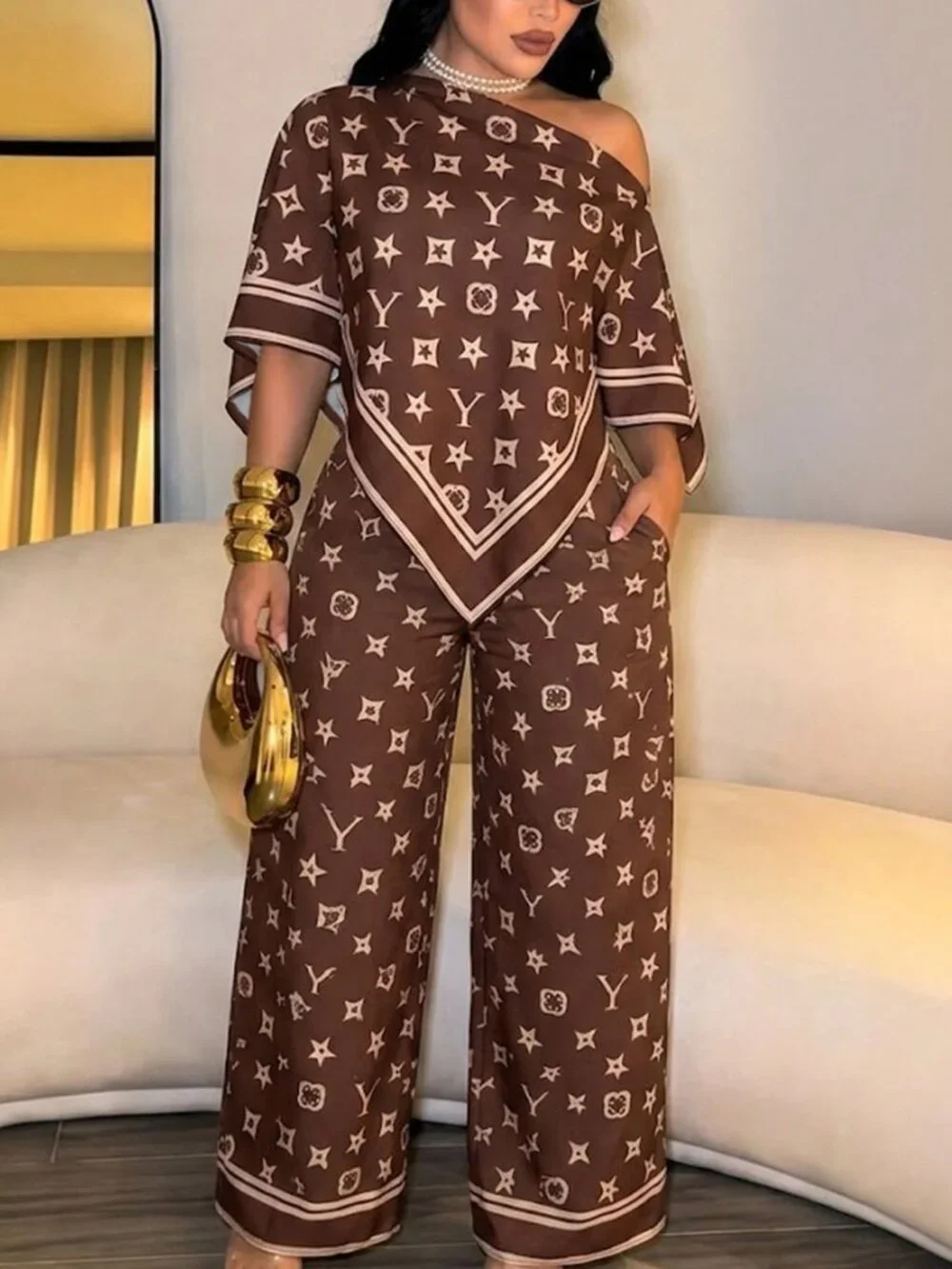 Brown Boho Women's Elegant Off-Shoulder Shirt Artistic Pattern Party Top - Picture 5 of 10